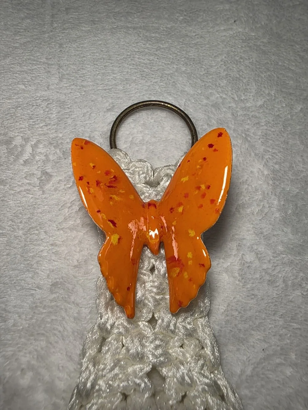 Pair Of Vintage Macrame Kitchen Towel Holders With Butterfly Accents Orange Blue